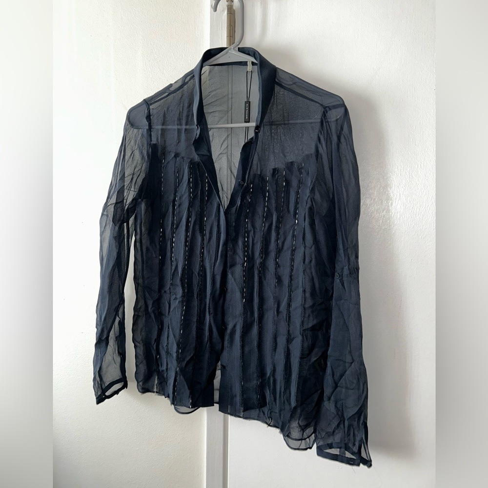 Elie Tahari Women’s Sheer Embellished Button Down Poppy Blouse in Eclipse NWT XS